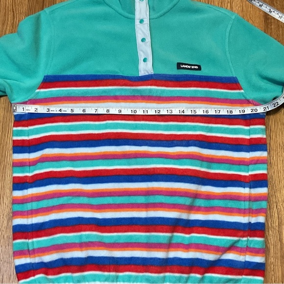 Lands' End Teal Striped Fleece Snap Neck Pullover sweater - Picture 7 of 9
